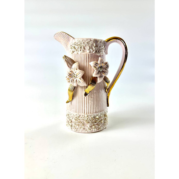 Vintage Ornate Pink Pitcher Vase With Gold Flower Details Hollywood Regency - Picture 2 of 11